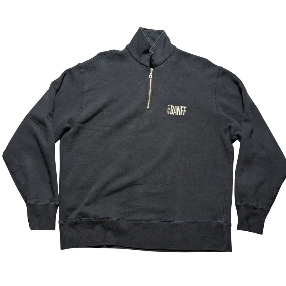 Roots Athletics Banff Quarter Zip Sweatshirt Navy Blue Made in Canada Mens Small